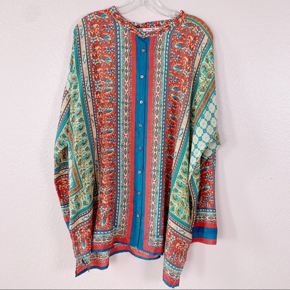 Johnny Was Floral Paisley Silk Tunic Top Multicolor Large Bohemian boho hippie